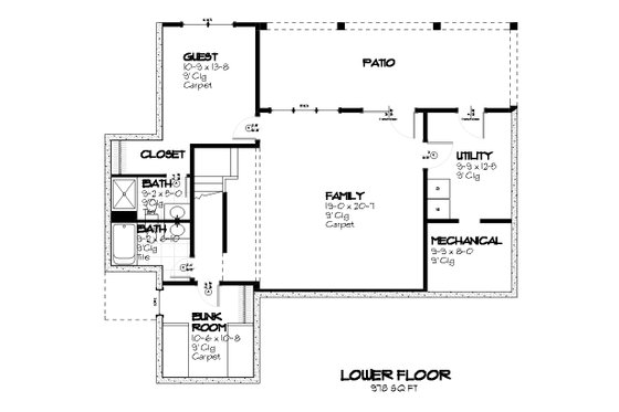 Cottage style house plan, bungalow style, lower level floorplan
