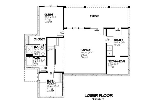 Cottage style house plan, bungalow style, lower level floorplan