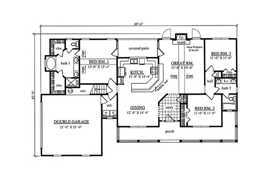 Floor Plan - Main Floor for Country House Plan #42-409 - 3 bed, 2 bath