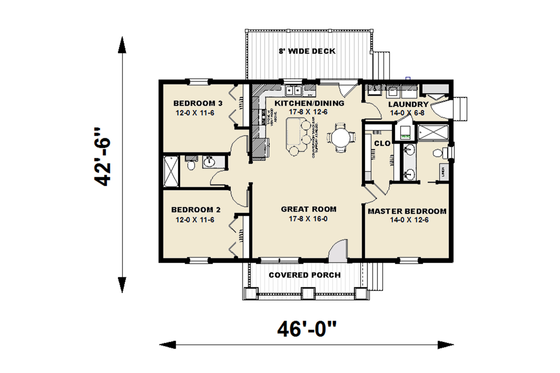 Floor Plan - Main Floor for Craftsman House Plan #44-226 - 3 bed, 2 bath
