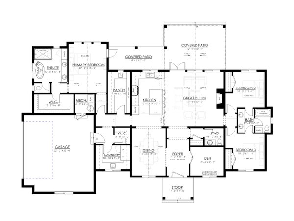 House Blueprint - Floor Plan - Main Floor for Farmhouse House Plan #1114-122 - 3 bed, 2.5 bath