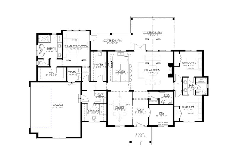 House Blueprint - Floor Plan - Main Floor for Farmhouse House Plan #1114-122 - 3 bed, 2.5 bath
