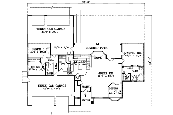 Floor Plan - Main Floor for Modern House Plan #1-1418 - 3 bed, 2 bath