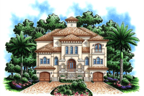 Exterior - Front Elevation for Mediterranean House Plan #27-432 - 4 bed, 5.5 bath