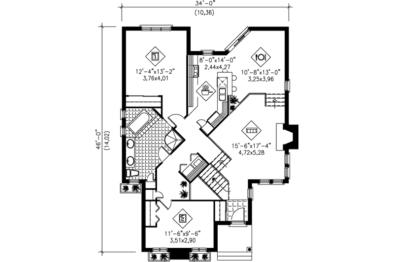 Architectural House Design - Floor Plan - Main Floor for Traditional House Plan #25-1140 - 2 bed, 1 bath