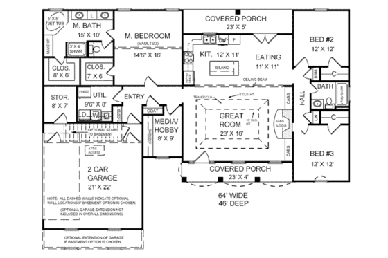Floor Plan - Main Floor for Southern House Plan #21-123 - 3 bed, 2 bath