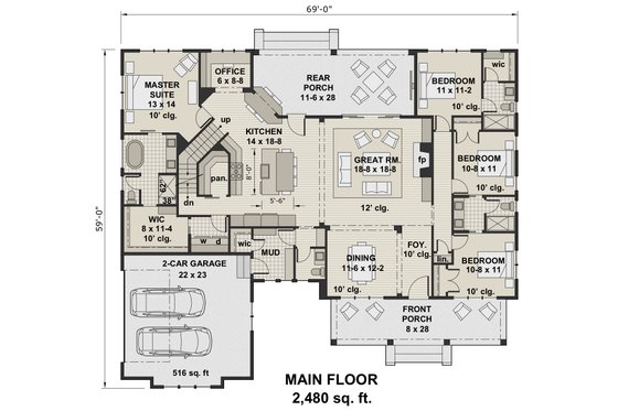 Floor Plan - Main Floor for Farmhouse House Plan #51-1144 - 4 bed, 3.5 bath