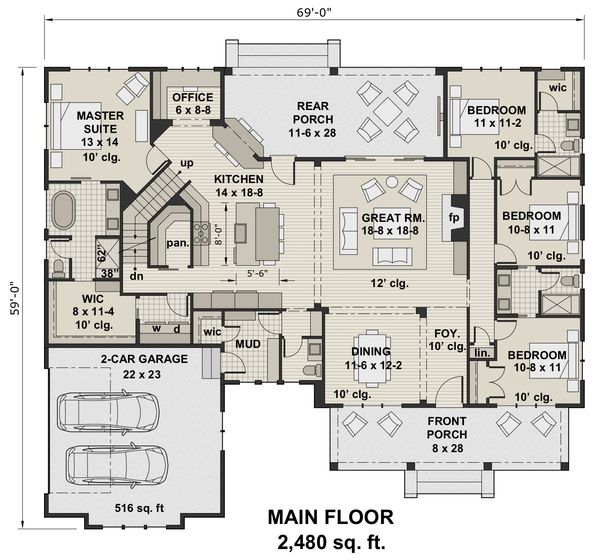 Farmhouse Floor Plan - Main Floor Plan #51-1144