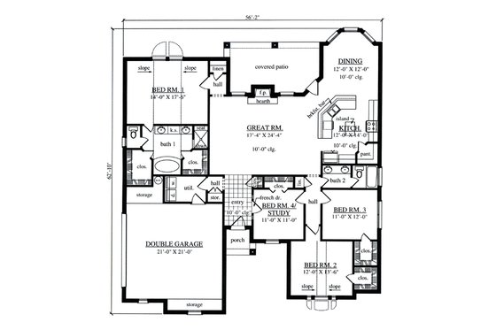 Floor Plan - Main Floor for European House Plan #42-396 - 4 bed, 2 bath