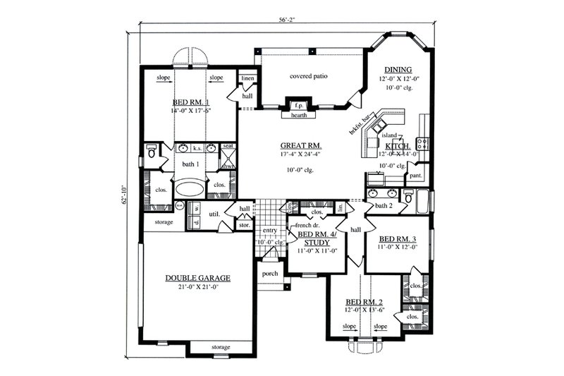 Home Plan - Floor Plan - Main Floor for European House Plan #42-396 - 4 bed, 2 bath