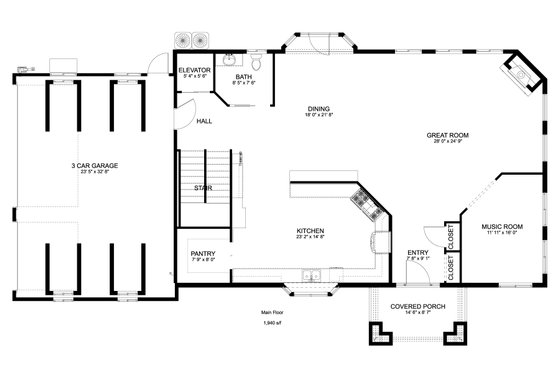 Floor Plan - Main Floor for Craftsman House Plan #1060-53 - 3 bed, 2.5 bath
