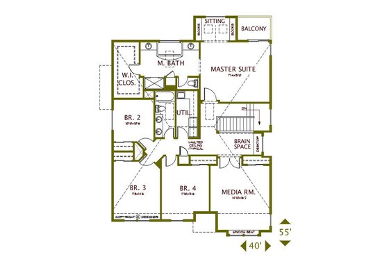 Floor Plan - Upper Floor for European House Plan #487-5 - 4 bed, 3 bath