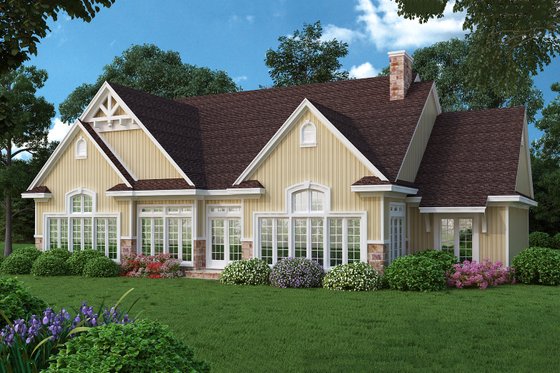 Country design with Craftsman details, rear elevation