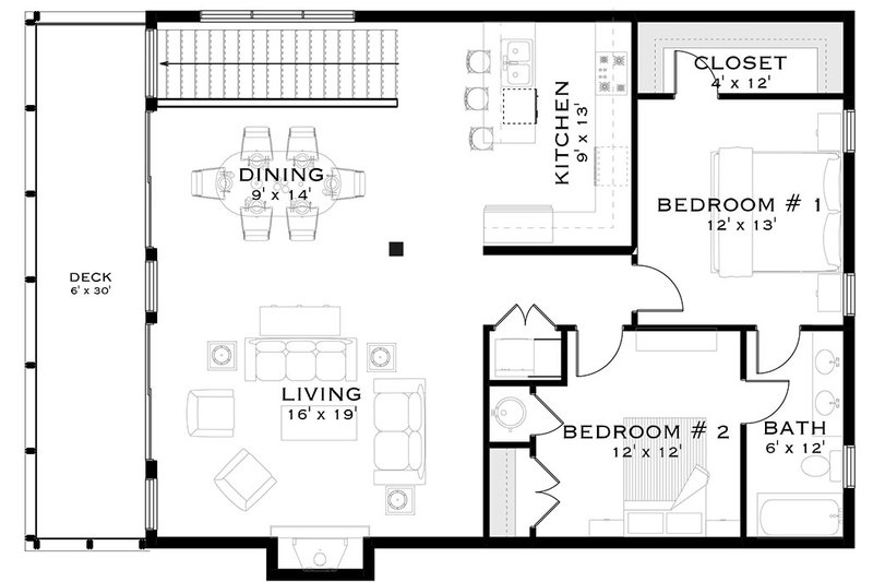 Architectural House Design - Floor Plan - Main Floor for Country House Plan #1101-47 - 2 bed, 1 bath