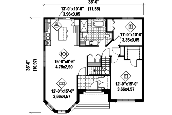 Floor Plan - Main Floor for European House Plan #25-4466 - 2 bed, 1 bath