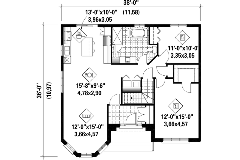 Home Plan - Floor Plan - Main Floor for European House Plan #25-4466 - 2 bed, 1 bath
