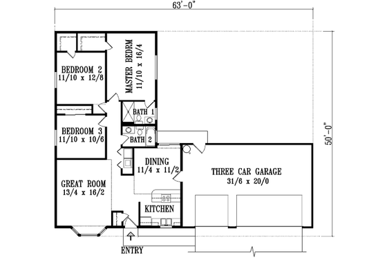 Floor Plan - Main Floor for Mediterranean House Plan #1-1194 - 3 bed, 2 bath