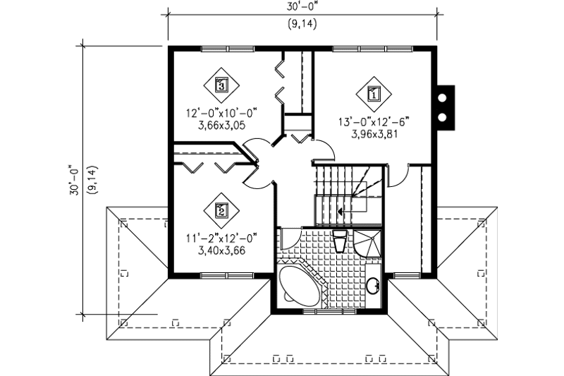 House Blueprint - Floor Plan - Upper Floor for Country House Plan #25-2009 - 3 bed, 1.5 bath