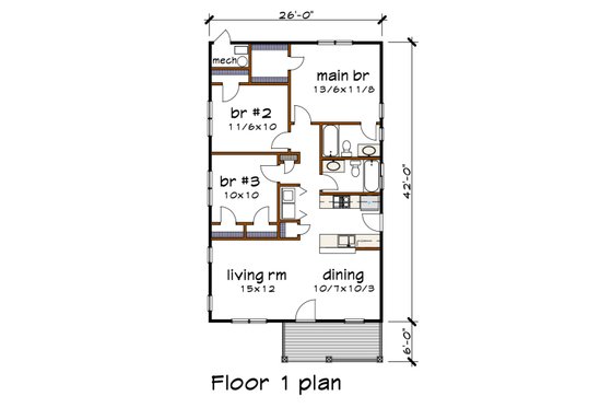 Floor Plan - Main Floor for Bungalow House Plan #79-116 - 3 bed, 2 bath
