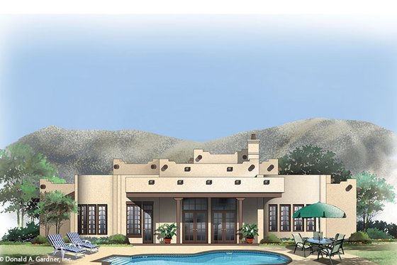 Exterior - Rear Elevation for Adobe / Southwestern House Plan #929-683 - 3 bed, 2 bath