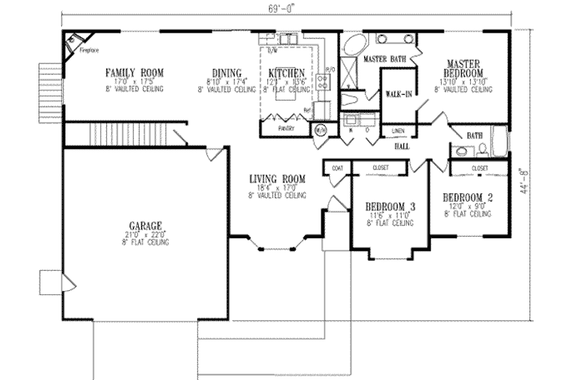 House Blueprint - Floor Plan - Main Floor for Ranch House Plan #1-409 - 3 bed, 2 bath