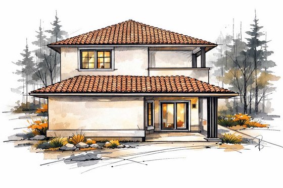 Exterior - Rear Elevation for Mediterranean House Plan #1101-62 - 2 bed, 2.5 bath