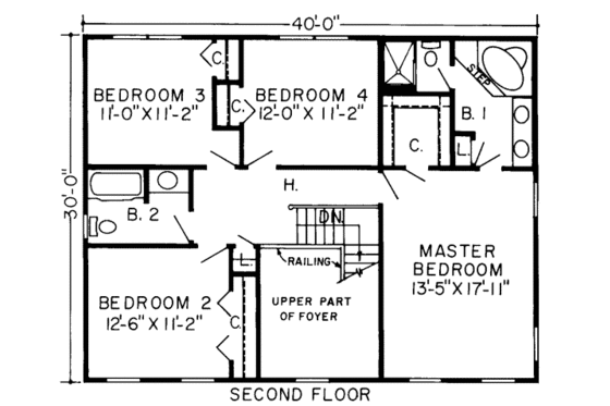 Floor Plan - Upper Floor for Colonial House Plan #312-175 - 4 bed, 2.5 bath