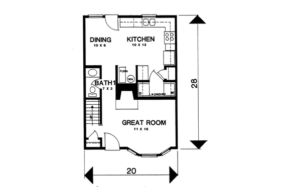 Floor Plan - Main Floor for Colonial House Plan #30-233 - 2 bed, 1.5 bath