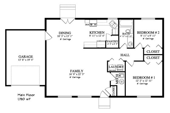 Floor Plan - Main Floor for Ranch House Plan #1060-3 - 2 bed, 1 bath