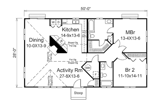 Floor Plan - Main Floor for Ranch House Plan #57-457 - 2 bed, 2 bath