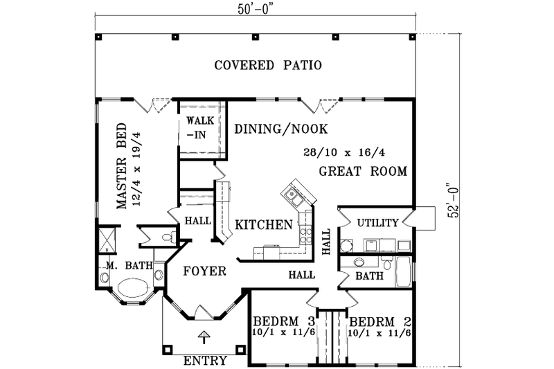 Architectural House Design - Floor Plan - Main Floor for Adobe / Southwestern House Plan #1-1363 - 3 bed, 2 bath