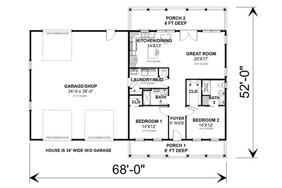 Floor Plan - Main Floor for Farmhouse House Plan #44-262 - 2 bed, 2 bath