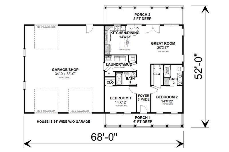 Dream House Plan - Floor Plan - Main Floor for Farmhouse House Plan #44-262 - 2 bed, 2 bath