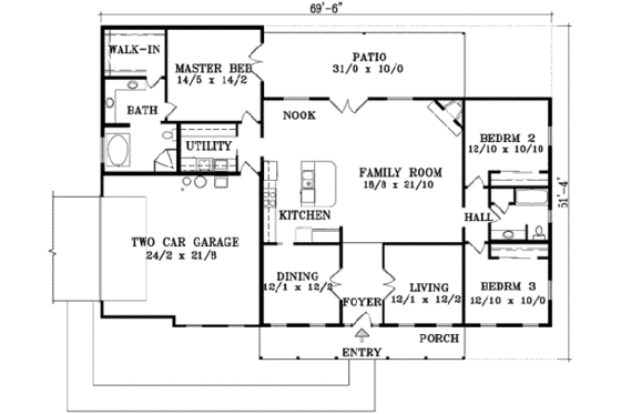 Floor Plan - Main Floor for Traditional House Plan #1-1437 - 3 bed, 2 bath