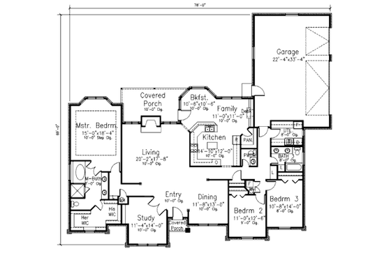 Floor Plan - Main Floor for Southern House Plan #52-201 - 3 bed, 2.5 bath