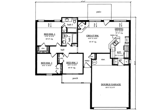 Floor Plan - Main Floor for Ranch House Plan #42-325 - 3 bed, 2 bath