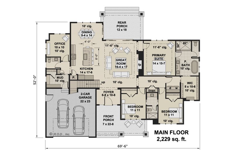 Architectural House Design - Floor Plan - Main Floor for Farmhouse House Plan #51-1218 - 3 bed, 2.5 bath