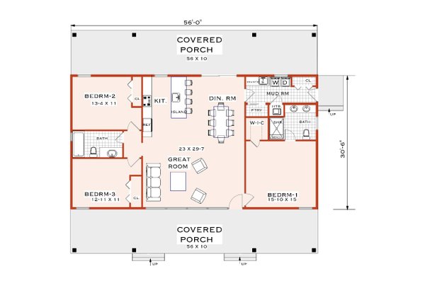 House Blueprint - Floor Plan - Main Floor for Cabin House Plan #3-352 - 3 bed, 2 bath