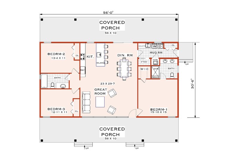 House Blueprint - Floor Plan - Main Floor for Cabin House Plan #3-352 - 3 bed, 2 bath