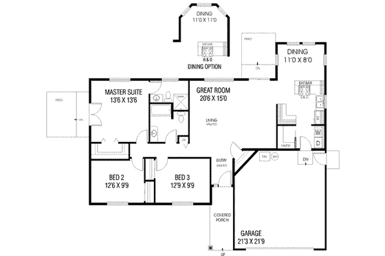 Floor Plan - Main Floor for Ranch House Plan #60-608 - 3 bed, 2 bath