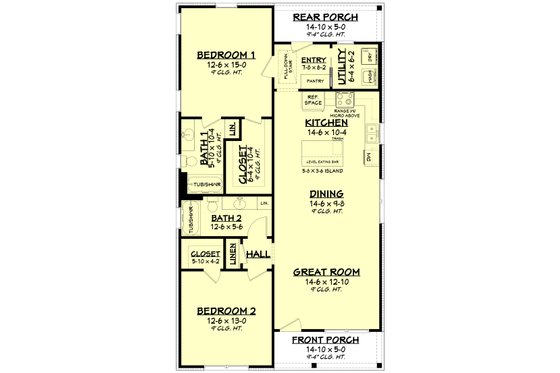 Floor Plan - Main Floor for Farmhouse House Plan #430-254 - 2 bed, 2 bath