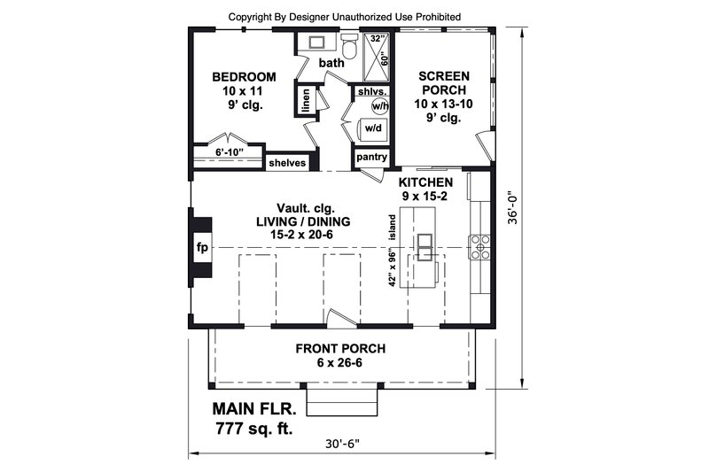 House Blueprint - Floor Plan - Main Floor for Craftsman House Plan #51-1430 - 1 bed, 1 bath