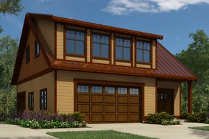 Cottage style garage design with living space, front elevation