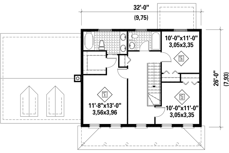 House Blueprint - Floor Plan - Upper Floor for Colonial House Plan #25-4678 - 3 bed, 2 bath