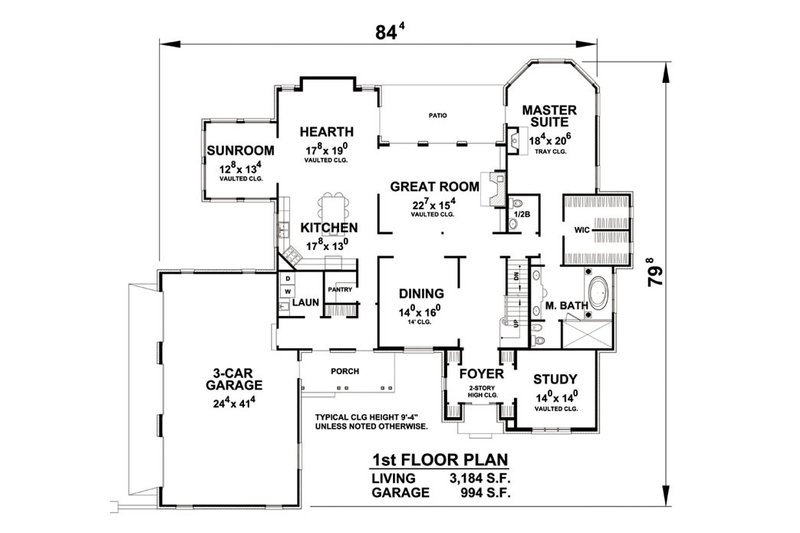 House Blueprint - Floor Plan - Main Floor for European House Plan #20-2203 - 3 bed, 4.5 bath