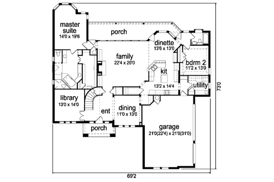 Floor Plan - Main Floor for European House Plan #84-412 - 4 bed, 3 bath