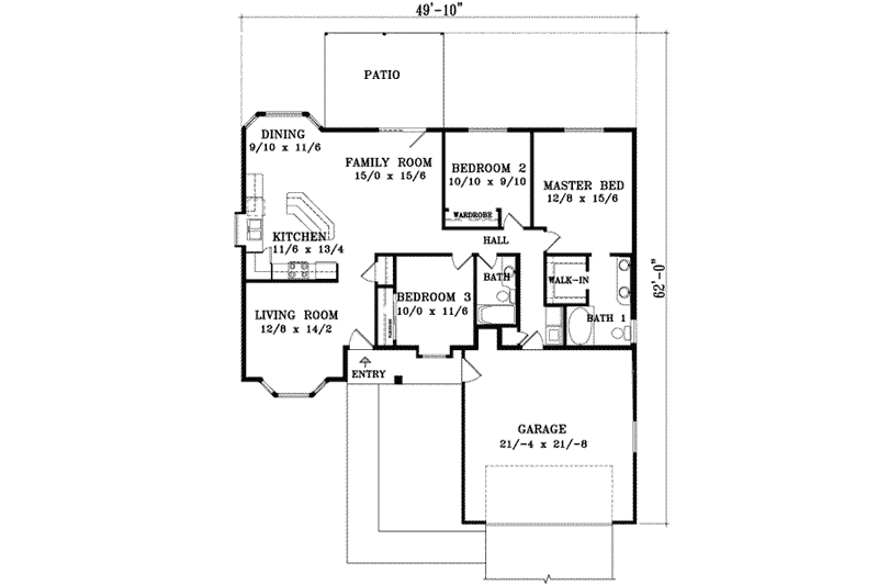 Architectural House Design - Floor Plan - Main Floor for Adobe / Southwestern House Plan #1-398 - 3 bed, 2 bath