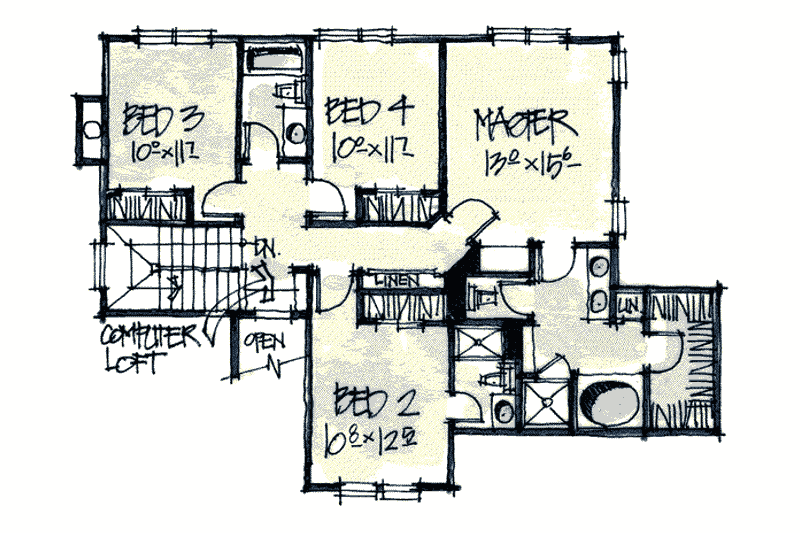 House Blueprint - Floor Plan - Upper Floor for Craftsman House Plan #20-2038 - 4 bed, 2.5 bath