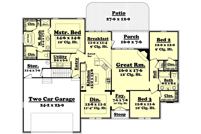 European Style House Plan 3 Beds 2 Baths 1900 Sq/Ft Plan