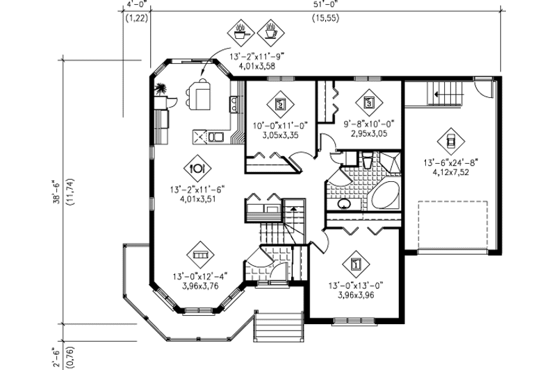 House Blueprint - Floor Plan - Main Floor for Victorian House Plan #25-133 - 3 bed, 1 bath